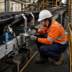 Technician inspecting a conveyor belt scale and weighing components during troubleshooting