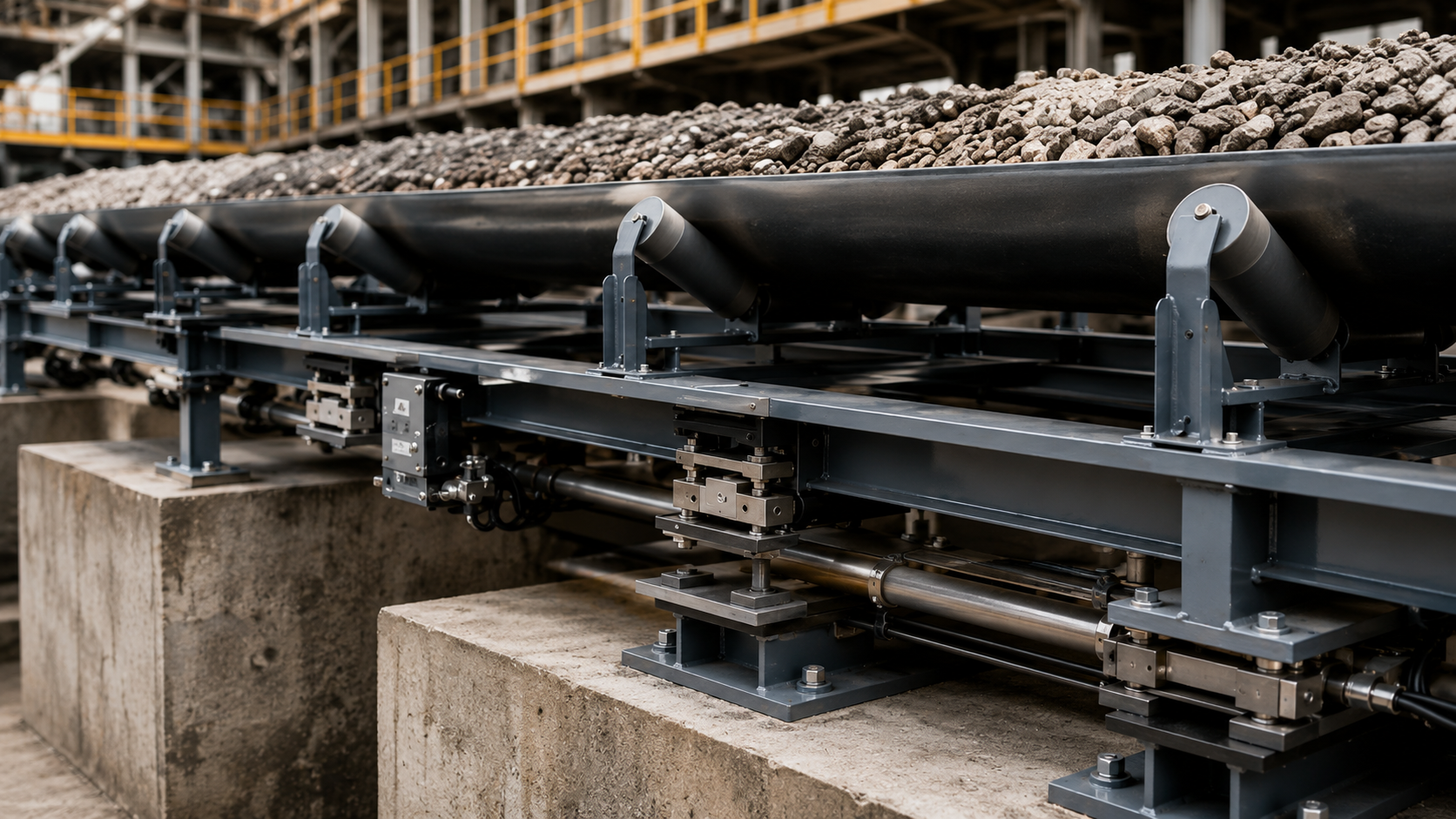 Conveyor belt scale weigh frame supporting the weigh idlers and transferring material load to the load cells