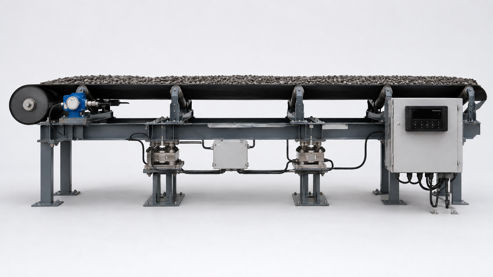 Complete conveyor belt scale system with weigh frame, load cells, speed sensor, junction box and controller