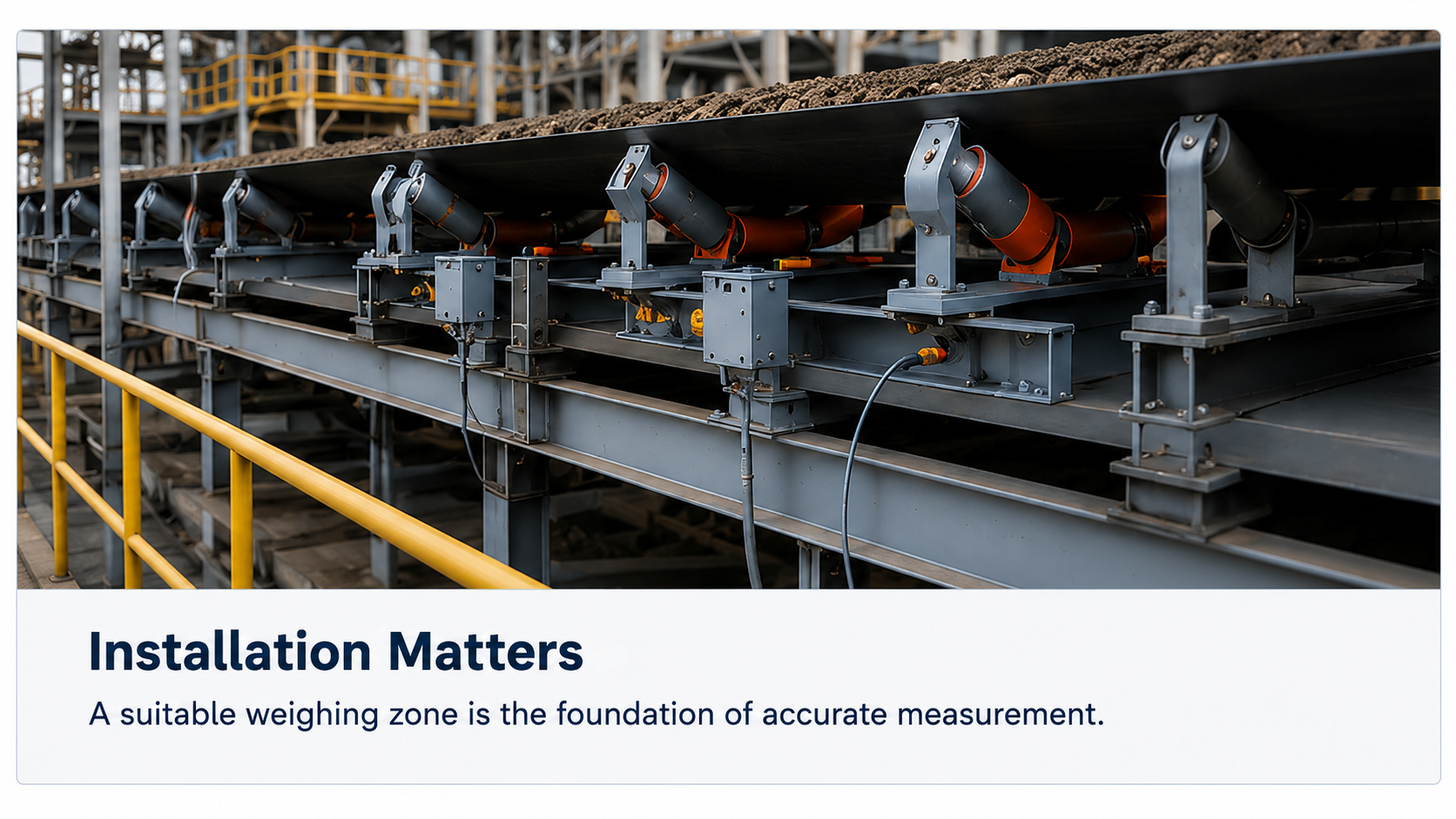 Conveyor belt scale installed in a stable weighing zone with aligned idlers and settled material