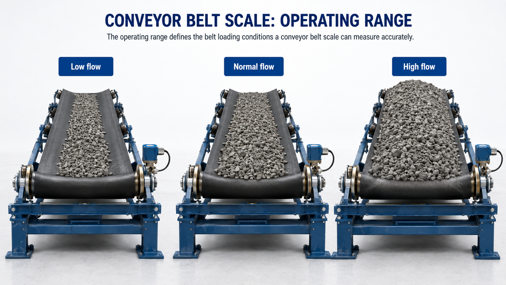 Conveyor belt scale operating range showing low, normal and high material flow conditions