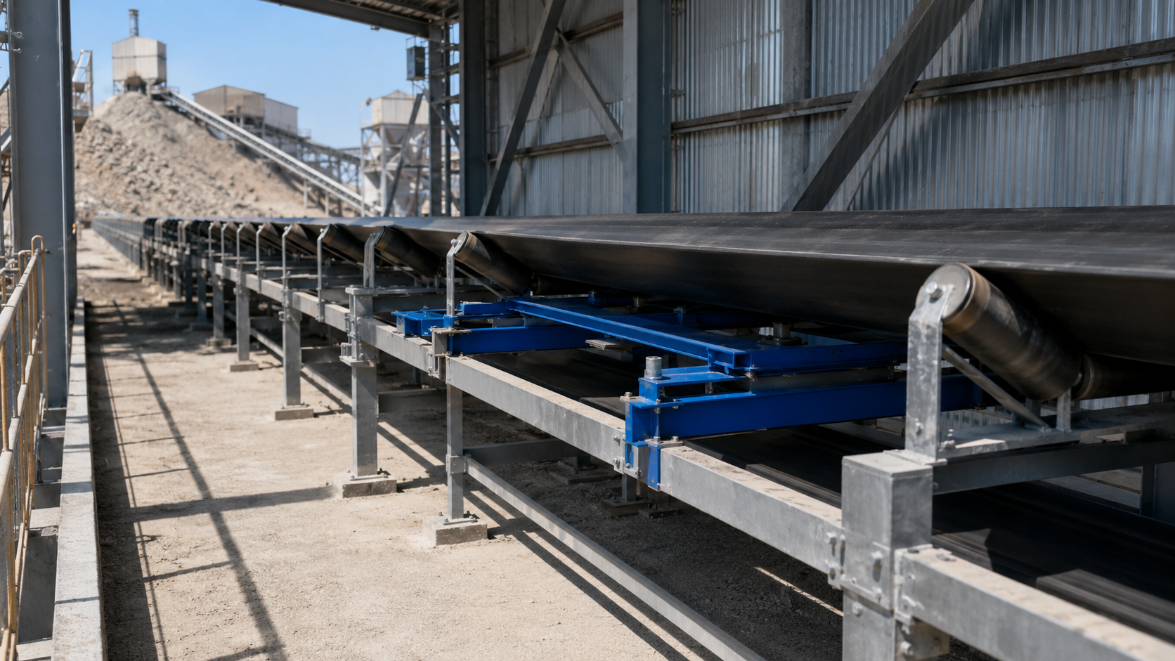 Conveyor belt scale installed on a straight and mechanically stable conveyor section