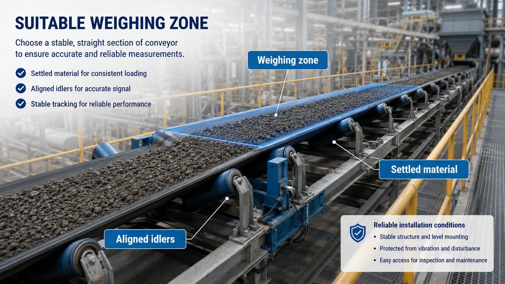 Suitable conveyor belt scale weighing zone with settled material, aligned idlers and stable belt tracking