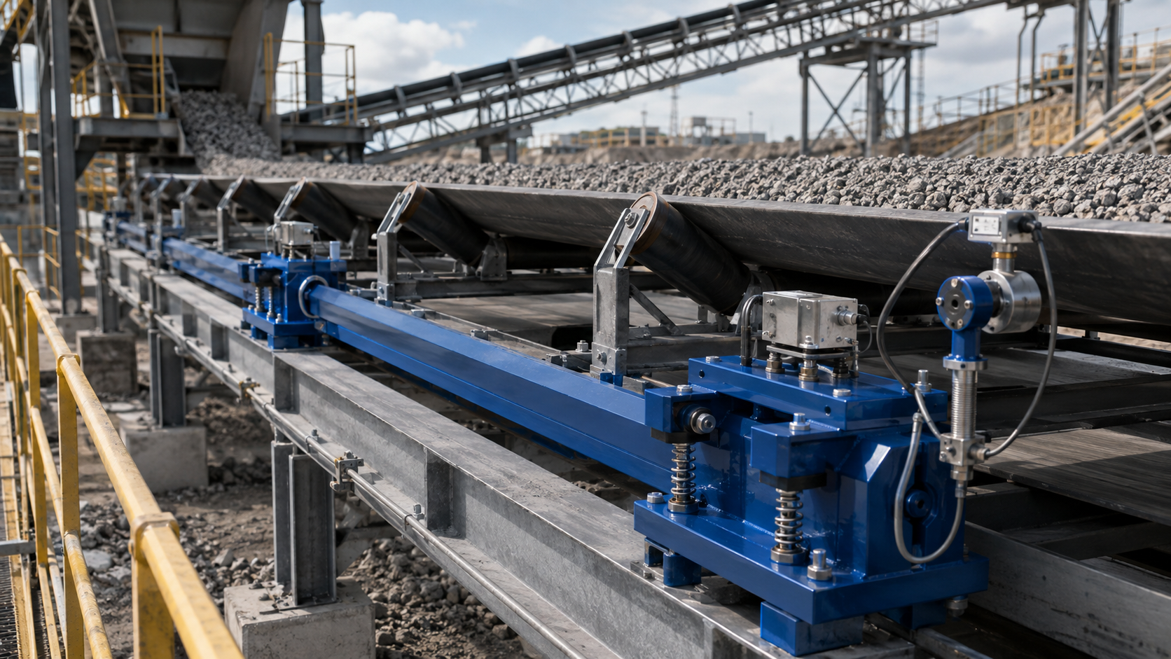 High-accuracy conveyor belt scale with weigh frame, load cells and speed sensor for continuous bulk material weighing