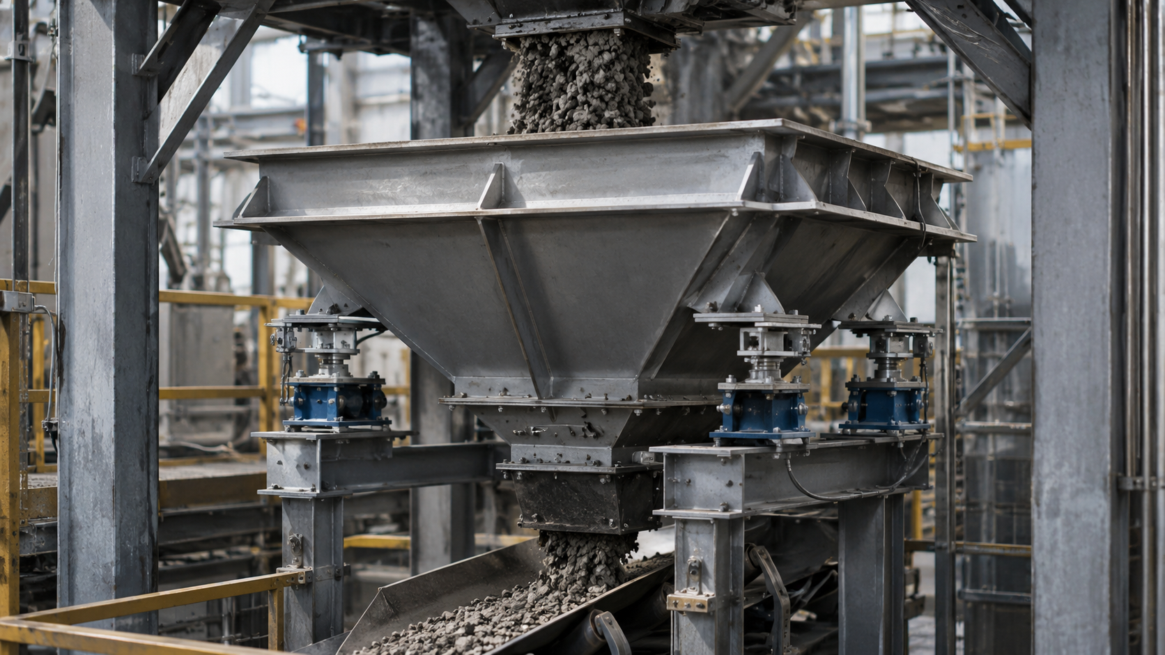 Industrial weigh hopper weighing a defined batch of bulk material before discharge to a conveyor