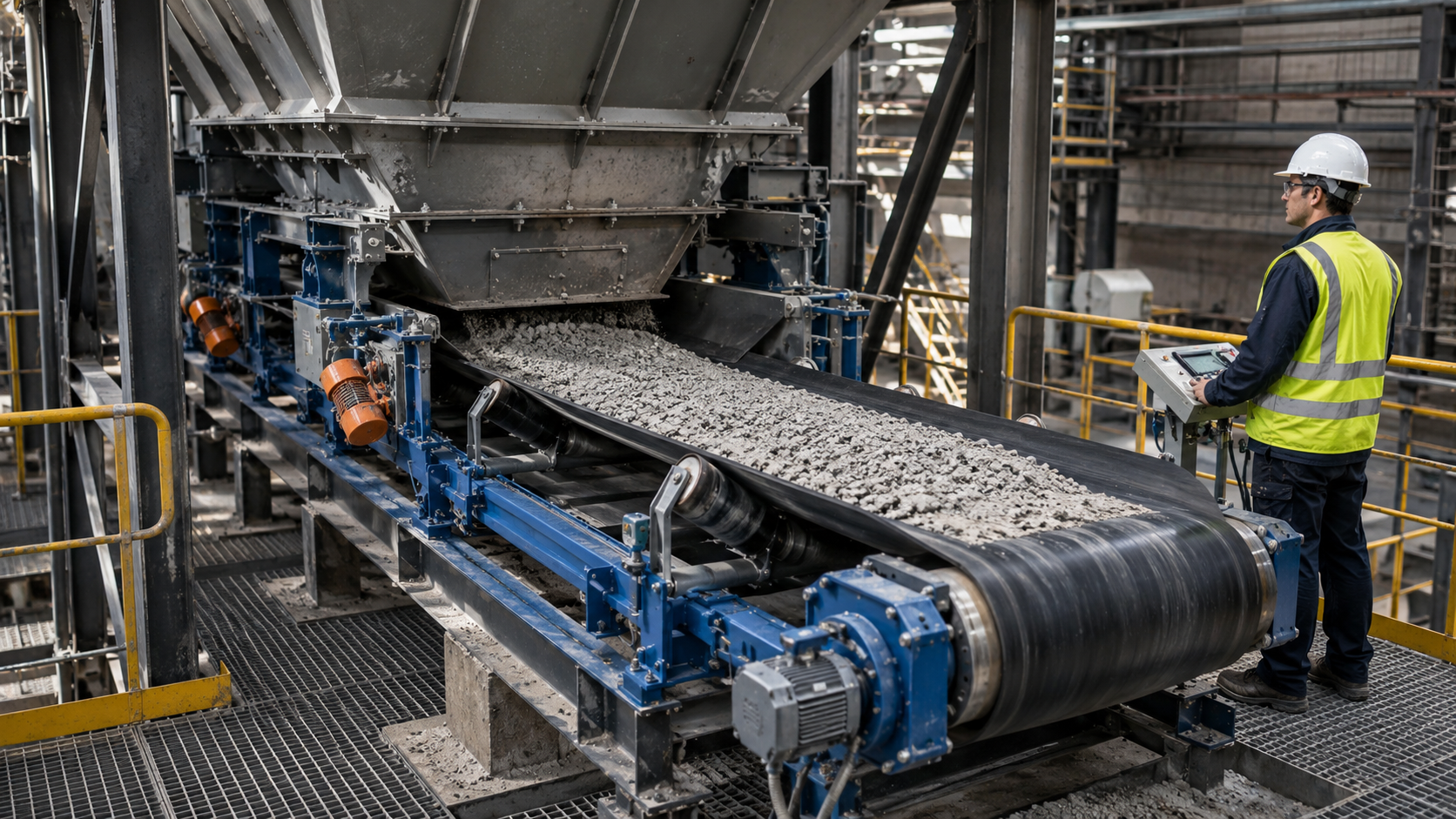 Industrial weigh feeder controlling bulk material feed rate beneath a hopper with conveyor drive and weighing system
